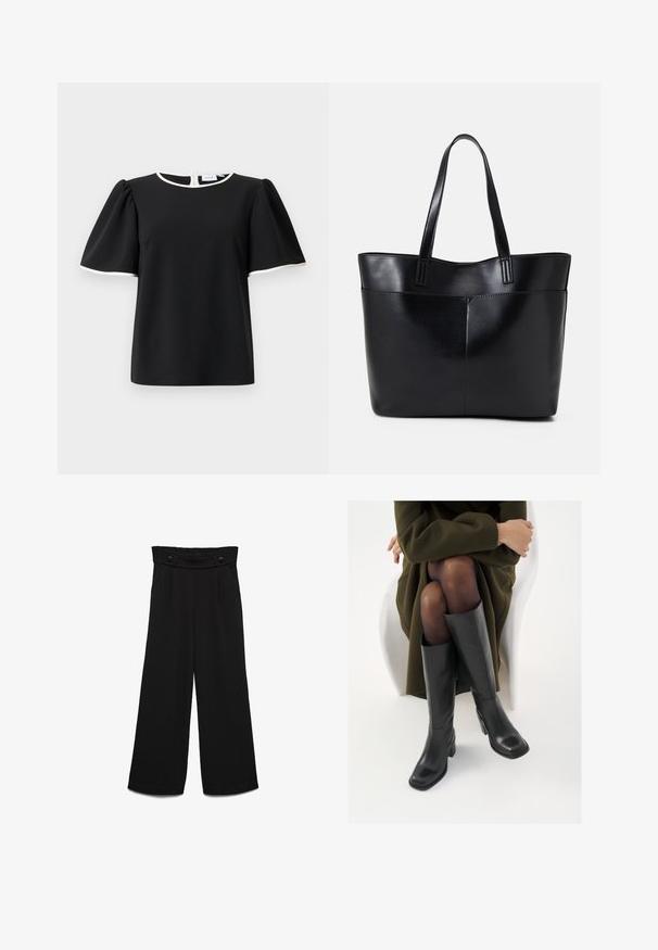 Svart kortermet bluse med puffede ermer og hvit kant rundt halsen og ermekantene, med knappelukking bak.; Svarte vidbukser med høy midje, utstyrt med to knapper foran og en glatt tekstur. Rett snitt med folder foran.; Knæhøye sorte lærstøvler med firkantet tå og blokkhelt, vist med en modell som sitter iført en olivengrønn kåpe. Glatt tekstur, minimal detaljering.; Svart lær toteveske med to lange håndtak, en glatt tekstur og en strukturert form. Har en frontlomme for ekstra oppbevaring.