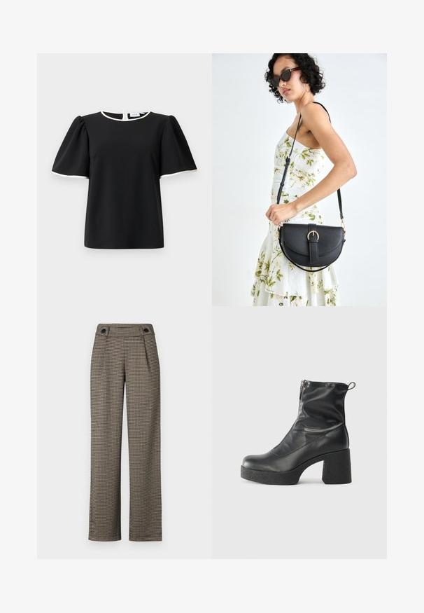 Blusa preta de mangas curtas com mangas bufantes e acabamento em branco no decote e nas bordas das mangas, apresentando um fecho traseiro com botão.; Calças com padrão xadrez castanho e cintura alta, apresentando pregas laterais e detalhes em botão preto. Feitas de um tecido texturizado e tecido.; Botas de tornozelo pretas feitas de couro liso, com fecho lateral, salto grosso texturizado e design de bico arredondado.; Bolsa de couro preta com forma curva, alça destacável e detalhes em dourado. A bolsa possui uma aba com detalhe de fivela.