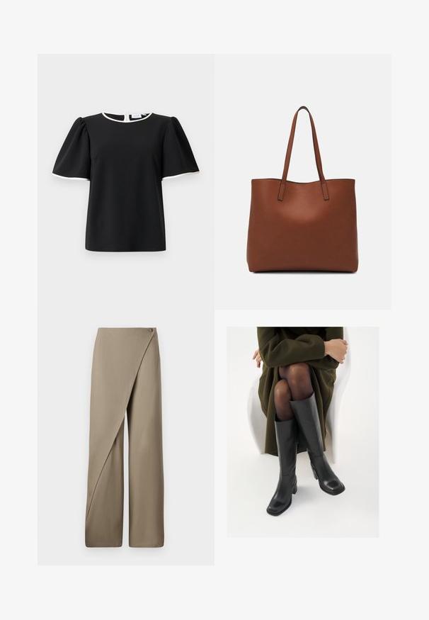 Musta lyhythihainen paita, jossa on puffihihat ja valkoinen reuna kauluksessa ja hihojen reunassa, varustettuna takanapituksella.; Beige levelekká billekter med draperet front, med en enkelt knaplukning og en jævn, let stoftekstur.; Polvisuoja mustat nahastossud, millel on ruudukujuline varvas ja plokk-kints, on esitatud mudeli seljas, kes istub oliivrohelises mantlis. Sile tekstuur, minimaalne detailitus.; Ruskea nahkainen olkalaukku, jossa on sileä pinta, avoin yläosa ja kaksi olkahihnaa. Omaavat vain minimaalisen ompelun eikä näkyvää metalliosaa.