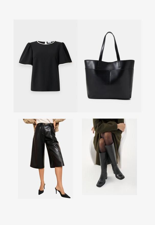 Melna īsām piedurknēm blūze ar pūkainām piedurknēm un baltiem apmalēm apkaklē un piedurkņu malās, ar aizmugurējo pogu aizdari.; Melni mākslīgā ādas culottes ar platām kājām, kas iekļauj priekšējos krokus un jostu augstā viduklī. Gluda virsma ar spīdīgu apdari.; Ceļgalu augstuma melni ādas zābaki ar kvadrātu purngalu un bloku papēdi, attēloti modelī, kurš sēž olīvu zaļā mētelī. Gluda tekstūra, minimāla apdare.; Melnas ādas iepirkumu soma ar divām garām rokturām, gludu tekstūru un strukturētu formu. Iekļauj priekšējo kabatu papildu uzglabāšanai.