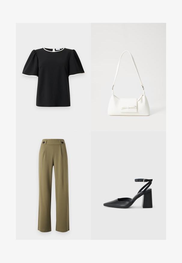 Bluză neagră cu mânecă scurtă, cu mâneci bufante și margine albă la guler și la marginea mânecilor, având închidere cu buton la spate.; Pantaloni largi de culoare verde măsliniu, cu talie înaltă, având două nasturi negri pe talie și pliseuri în față. Textură a materialului neted.; Pantofii cu toc ascuțit din piele neagră, cu breteaua pentru glezne și toc gros. Textură netedă, design elegant și estetică minimală.; Geantă sintetică albă, cu formă triangulară, capac frontal plat și detaliu cu fundă, curea ajustabilă, textură netedă și design minimalist.