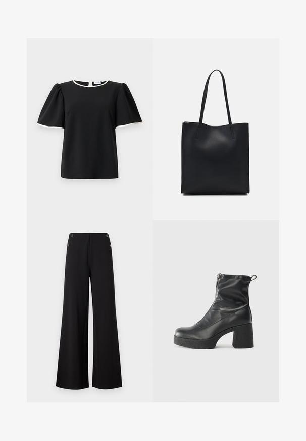 Bluză neagră cu mânecă scurtă, cu mâneci bufante și margine albă la guler și la marginea mânecilor, având închidere cu buton la spate.; Pantaloni negri cu fason larg, confecționați dintr-un material neted, având accente cu nasturi în ton aurit la talie și un design curat, minimalist.; Bocanci negri de glezna din piele netedă, cu fermoar lateral, toc texturat și masiv, și design cu vârf rotund.; Geantă tote neagră din piele, cu textură netedă, formă rectangulară și două mânere lungi. Fără hardware vizibil sau ornamente.