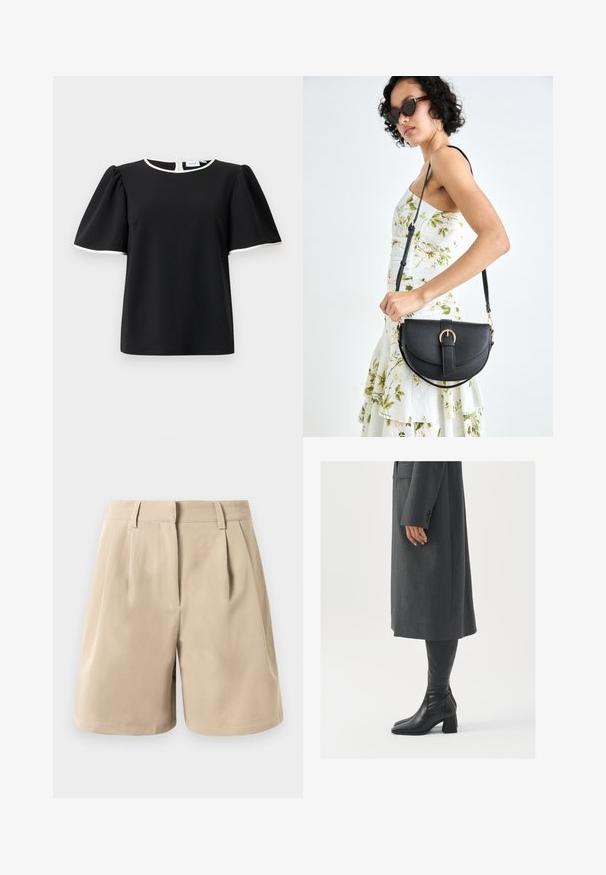 Blouse noire à manches courtes avec des manches bouffantes et un bord blanc au niveau de l'encolure et des bords de manches, dotée d'une fermeture à boutons à l'arrière.; Shorts taille haute beiges sur mesure avec passants de ceinture, plis avant et fermeture invisible sur fond blanc.; Manteau gris taillé à coupe droite ; associé à des bottes en cuir noir jusqu'au genou avec un bout carré et un talon épais.; Sac à main en cuir noir avec une forme courbée, bandoulière amovible et des accessoires en or. Le sac est doté d'un rabat avec un détail de boucle.