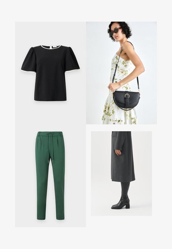 Blusa negra de manga corta con mangas abullonadas y ribetes blancos en el escote y los bordes de las mangas, que presenta un cierre con botones en la parte posterior.; Pantalones de chándal verdes hechos de una tela suave, con una cinturilla elástica y cordón, piernas ajustadas y detalles de pliegues laterales.; Abrigo gris, entallado y de corte recto; combinado con botas de cuero negras hasta la rodilla que tienen punta cuadrada y tacón grueso.; Bolso de piel negra con forma curva, correa desmontable y herrajes dorados. El bolso cuenta con una solapa con un detalle de hebilla.