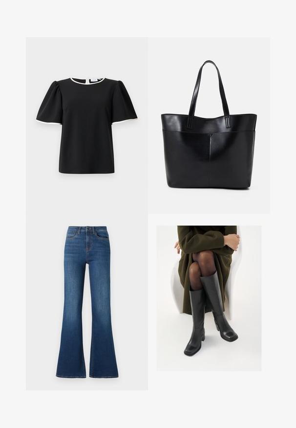 Bluză neagră cu mânecă scurtă, cu mâneci bufante și margine albă la guler și la marginea mânecilor, având închidere cu buton la spate.; Blugi evazați din bumbac de greutate medie, având o nuanță albastru închis, cusături contrastante și un design tradițional cu cinci buzunare.; Cizme din piele neagră, până la genunchi, cu vârf pătrat și toc bloc, prezentate pe un model așezat într-o haină verde măsline. Textură netedă, detalii minime.; Geantă oversized din piele neagră, cu două mânere lungi, de textură netedă și formă structurată. Are un buzunar frontal pentru stocare suplimentară.