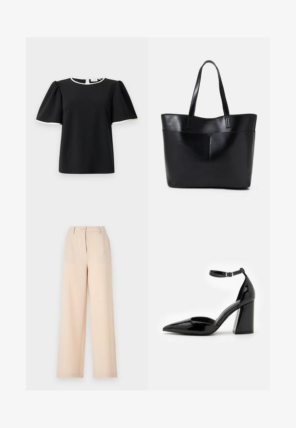 Blouse noire à manches courtes avec des manches bouffantes et un bord blanc au niveau de l'encolure et des bords de manches, dotée d'une fermeture à boutons à l'arrière.; Pantalons larges beiges avec une fermeture à bouton, passants de ceinture et tissu lisse. Présente un design ajusté et des jambes droites pour un ajustement décontracté.; Chaussure à talon haut en cuir verni noir avec un bout pointu, une bride de cheville et un large talon bloc pour la stabilité, présentant une texture lisse et brillante.; Sac fourre-tout en cuir noir avec deux longues poignées, une texture lisse et une forme structurée. Dispose d'une poche avant pour un rangement supplémentaire.
