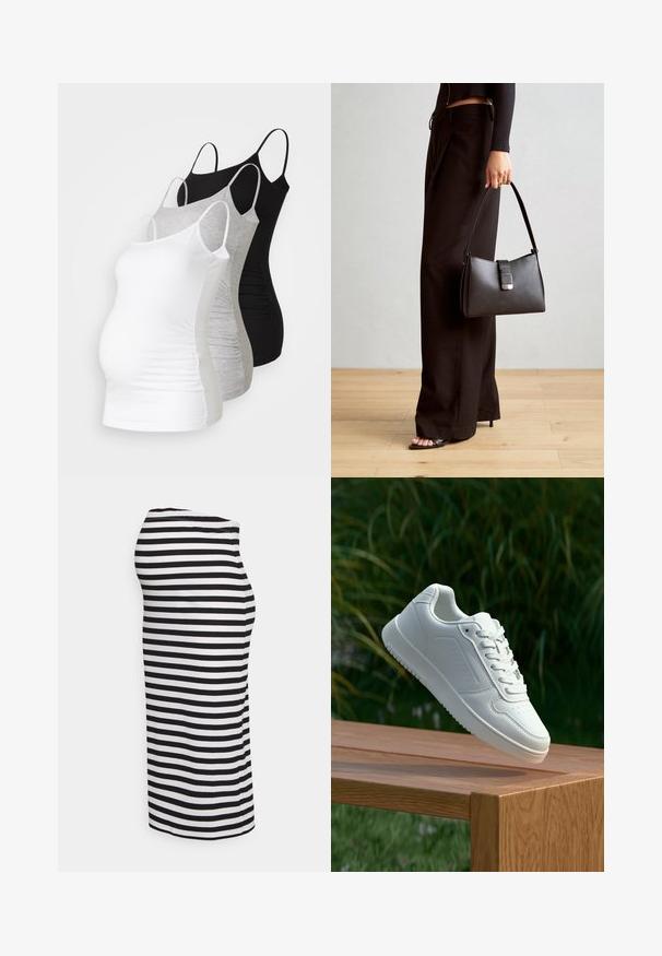 Trois débardeurs de maternité en blanc, gris et noir. Tissu extensible avec des bretelles spaghetti réglables et des coutures latérales froncées pour plus de confort.; Robe midi noire et blanche à rayures avec texture côtelée, silhouette ajustée et encolure arrondie. La vue de côté met efficacement en valeur le design.; Sneakers blanches avec une tige synthétique lisse, un avant perforé, des lacets plats et une semelle texturée, présentées sur une surface en bois.; Sac à main noir à la forme structurée, texture lisse et fermoir métallique. Associé à un pantalon noir ample et des sandales ouvertes sur un sol en bois.