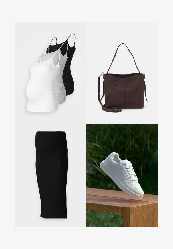 Trys nėštumo marškiniai be rankovių – balti, pilki ir juodi. Tampri medžiaga su reguliuojamomis petnešėlėmis ir susiraukšlėjusiomis šoninėmis siūlėmis, užtikrinančiomis komfortą.; Juodas raukinis midi sijonas su prigludusia siluetu ir plačia juosmens juosta. Lygus paviršius, be matomų raštų ar akcentų.; Balti sneakeriai su lygia sintetine viršutine dalimi, perforuota pirštų zona, plokščiomis raištelėmis ir tekstūruotu padu, padėti ant medinės paviršiaus.; Ruda suede audinė su minkšta tekstūra, turinti vieną petį ir subtilų kreivinį viršutinį atidarymą. Matomų metalinių detalių nėra.