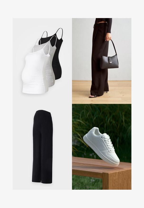 Kolme äitiystoppia valkoisena, harmaana ja mustana. Venytettävä kangas, säädettävät olkaimet ja rypytetyt sivusaumat mukavuutta varten.; Even&Odd Maternity FULL LENGTH WIDE RIB PANTS M-EV4_SS22_2-1-A_011 - Leveälahkeiset - black; Valkoiset tennarit, joissa on sileä synteettinen päällinen, rei'itetty varvasosa, litteät nauhat ja teksturoitu pohja, esillä puupinnalla.; Musta käsilaukku, jossa on rakenteellinen muoto, sileä pinta ja metallinen solki. Yhdistetty leveisiin mustiin housuihin ja avonaiheisiin sandaaleihin puulattialla.