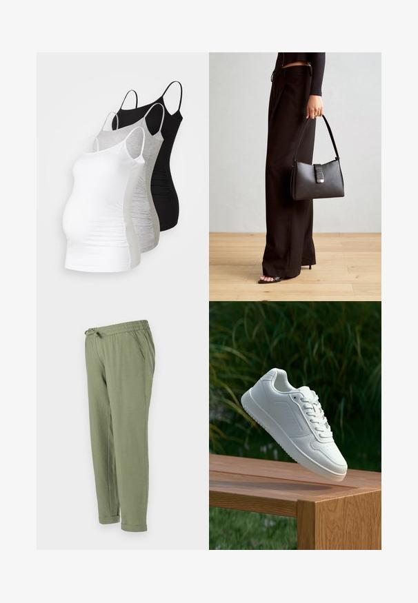 Trīs grūtniecības tērpi bez piedurknēm baltā, pelēkā un melnā krāsā. Elastīgs audums ar regulējamiem tievajiem plecu siksniņām un savilktām sānu šuvēm komfortam.; Gaiši zaļi, brīvi pieguļoši bikses ar elastīgu jostu, auklu, sānu kabatām un rullētiem malām. Izgatavotas no mīksta, teksturēta materiāla.; Baltie sporta apavi ar gludu sintētisku augšpusi, perforētu pirkstu daļu, plakani šņorēm un rakstainu zoli, novietoti uz koka virsmas.; Melnā somiņa ar strukturētu formu, gludu tekstūru un metālu sprādzi. Saskaņota ar platām melnām biksēm un sandālēm ar atvērtu purngalu uz koka grīdas.