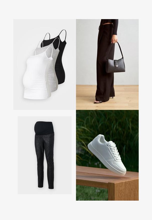 Tre graviditetstoppe i hvid, grå og sort. Strækbart stof med justerbare spaghetti-stropper og sammenkrøllede sidesømme for komfort.; Graviditetsleggings i sort med en strækbar, tekstureret talje. Hovedstoffet har et subtilt sort leopardmønster. Slim-fit design.; Hvid sneaker med en glat syntetisk overdel, perforeret tåboks, flade snørebånd og en tekstureret sål, præsenteret på en træoverflade.; Sort håndtaske med struktureret form, glat overflade og metalspænde. Sammen med brede sorte bukser og sandaler med åben tå på trægulv.