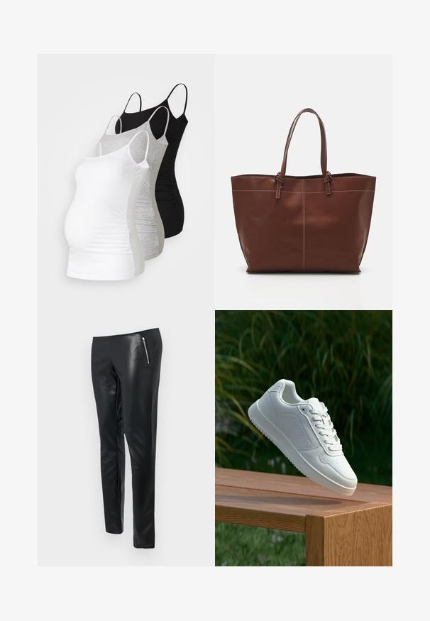 Tre top premaman a canotta in bianco, grigio e nero. Tessuto elasticizzato con spalline regolabili e cuciture laterali arricciate per il massimo comfort.; Pantaloni neri in ecopelle dal taglio slim, con una tasca frontale con zip e una texture liscia e lucida.; Sneaker bianco con tomaia in sintetico liscio, punta perforata, lacci piatti e suola testurizzata, esposto su una superficie di legno.; Borsa tote in vera pelle marrone con doppie maniglie, presenta cuciture a contrasto e un design spazioso, adatta per l'uso quotidiano.