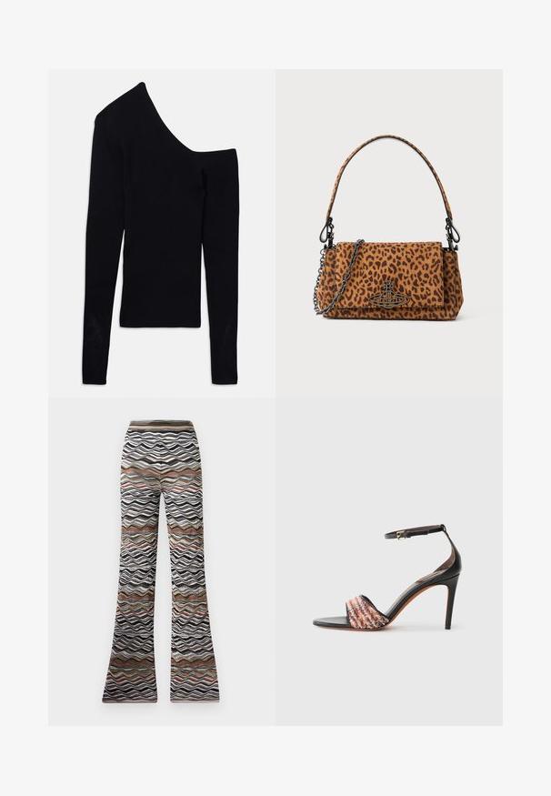 Mustalõngaga pikka varrukatoppi, millel on asümmeetriline kaelus, üks õlg avatud ja üks täisvarrukas.; Laienevad püksid, millel on laineline muster mustas, valges ja pruunides toonides. Pehme kangas koos elastse vöökohaga mugavuse tagamiseks.; Mustad mustakontsaga sandaal, millel on pahkluu rihm. Esitakse tekstureeritud, mitmevärvilise kangasnööriga varba kohal. Ümarda nahkviimistlus.; Leopardimustriga nahkese käekott, mis on valmistatud suede'ist, lühikese käepideme ja ahelahaga. Ristkülikukujuline kuju flapi sulgemisega.