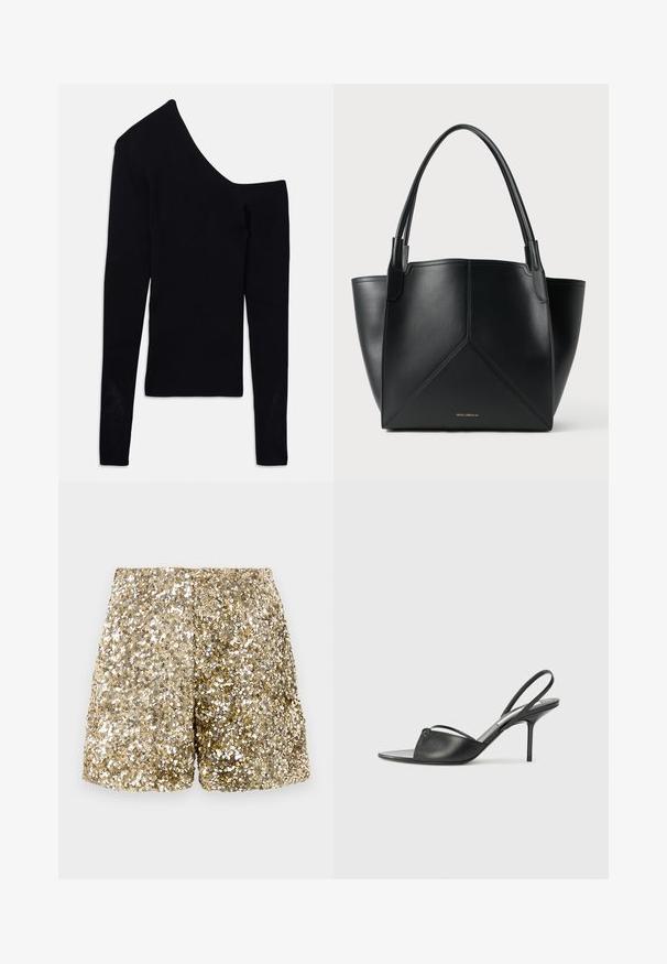 Melna ribota garām piedurknēm augšdaļa ar asimetrisku dekoltē, kur vienā plecā ir atvērums, bet otrai piedurknei ir pilns garums.; Zelta spīdīgas šortas ar spīdīgu tekstūru, kurām ir brīva piegriezuma forma un elastīga josta. Sekundārā efekta dēļ radās mirdzošs efekts.; Melnas ādas siksniņu augstpapēžu kurpes ar norādītu purngalu, plānu potītes siksniņu un stiletto papēdi. Arī ar sasietu detaļu uz vamp.; Melnas ādas plecu soma ar ģeometrisku dizainu, kas aprīkota ar divām rokturiem un zeltainu zīmolu priekšpusē. Gluda tekstūra un strukturēta forma.