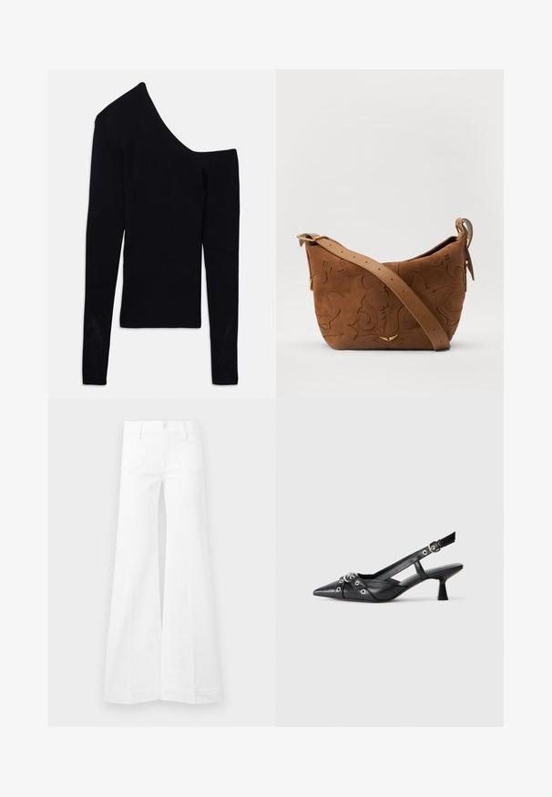 Musta ribattua pitkähihaista toppia, jossa on epäsymmetrinen pääntie, jossa yksi olkapää on paljaana ja toinen hiha on täysi.; Valkoiset korkeavyötäröiset levenevät housut sydämen muotoisilla etutaskuilla, nappikiinnitys ja vyölenkit, esitettynä yksinkertaisella taustalla.; Mustat nahkakengät, joissa on avonainen takaosa ja kärjessä terävä muoto, koristevyöt, joissa on metalliset reiät, sekä matala lohkoepohja. Teksturoitu pinta.; Ruskea mokkasiiniolkalaukku, jossa on kohokuvioitu kukkakuvio, jota täydentävät sileä ruskea nahkaremmi ja kultasävyiset yksityiskohdat.