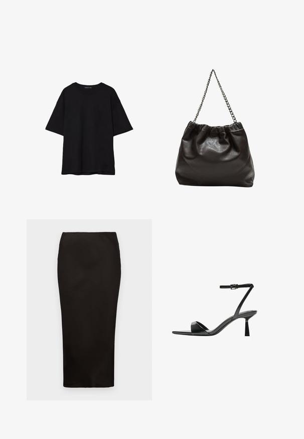 Čierne bavlnené tričko s voľným strihom, krátkymi rukávmi, zaobleným výstrihom a hladkou textúrou. Bez viditeľných vzorov alebo akcentov.; Čierna, sukňa ceruzkového strihu po kolená, vyrobená z hladkej látky s elastickým pásom, s jednoduchým, minimalistickým dizajnom a bez viditeľného hardvéru.; Bershka Sandále na vysokom opätku - black; Hnedá kožená taška so zberaným vrchom a reťazovým popruhom. Hladký povrch s lesklým finišom a jemným švom po stranách.; Priehľadné a jantárové prstene z živice, jeden je hladký a priesvitný, druhý má textúrovaný jantárový povrch. Obe sú zaoblené a robustné.