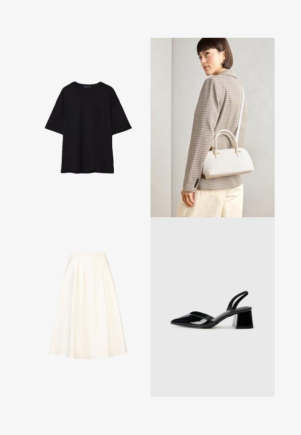 Schwarzes Baumwoll-T-Shirt mit lässiger Passform, kurzen Ärmeln, runder Ausschnitt und glatter Textur. Keine sichtbaren Muster oder Akzente.; Ein knielanger, plissierter Rock aus cremefarbenem Stoff mit glatter Textur und passgenauem Bund, geeignet für legere oder formelle Anlässe.; Schwarze Lackleder-Slingback-High Heels mit spitzem Schuh und einem geometrischen Blockabsatz. Verfügt über ein schlankes, minimalistisches Design und eine glatte Textur.; Weiße strukturierte Handtasche mit kurzen Griffen und einem Schultergurt, ausgestattet mit goldfarbenen Hardware-Elementen und strukturiertem Material, vor einem grauen Hintergrund präsentiert.
