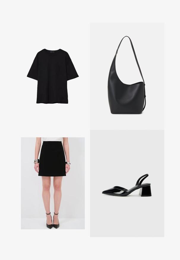 Schwarzes Baumwoll-T-Shirt mit lässiger Passform, kurzen Ärmeln, runder Ausschnitt und glatter Textur. Keine sichtbaren Muster oder Akzente.; Schwarzer A-Linien-Rock mit glatter Textur, tailliertem Bund und dezenten Seitennähten. Kombiniert mit glänzenden schwarzen Stilettos und silbernen Armbändern.; Schwarze Lackleder-Slingback-High Heels mit spitzem Schuh und einem geometrischen Blockabsatz. Verfügt über ein schlankes, minimalistisches Design und eine glatte Textur.; Schwarze Leder-Hobo-Tasche mit einer glatten Textur, geschwungener Form und einem einzelnen verstellbaren Tragegurt; verfügt über eine weite Öffnung am oberen Ende.