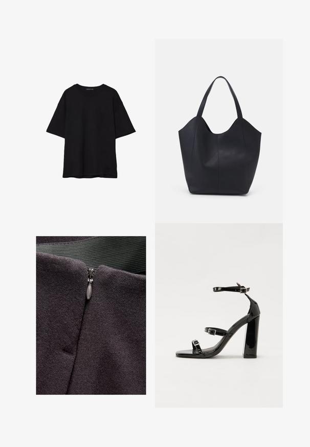 Čierne bavlnené tričko s voľným strihom, krátkymi rukávmi, zaobleným výstrihom a hladkou textúrou. Bez viditeľných vzorov alebo akcentov.; Detail zips na tmavošedej látke s hladkou textúrou a kovovým ťaháčikom na zips, s zelenou tkanou páskou nad ním.; Čierne lakované sandále na podpätku so štvorcovou špičkou, navlečenými remienkami okolo členku a striebornými prackami. Disponujú masívnym blokovým podpätkom pre stabilitu.; Čierna taška s dlhým uchom vyrobená z hladkej kože, s oblým otvoreným vrchom a dvoma ramennými popruhmi, minimalistického dizajnu.