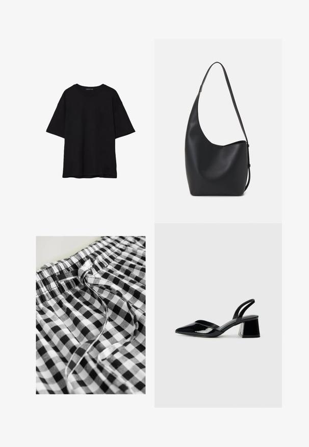 Schwarzes Baumwoll-T-Shirt mit lässiger Passform, kurzen Ärmeln, runder Ausschnitt und glatter Textur. Keine sichtbaren Muster oder Akzente.; Next DROP WAIST - Maxirock - black white gingham; Schwarze Lackleder-Slingback-High Heels mit spitzem Schuh und einem geometrischen Blockabsatz. Verfügt über ein schlankes, minimalistisches Design und eine glatte Textur.; Schwarze Leder-Hobo-Tasche mit einer glatten Textur, geschwungener Form und einem einzelnen verstellbaren Tragegurt; verfügt über eine weite Öffnung am oberen Ende.