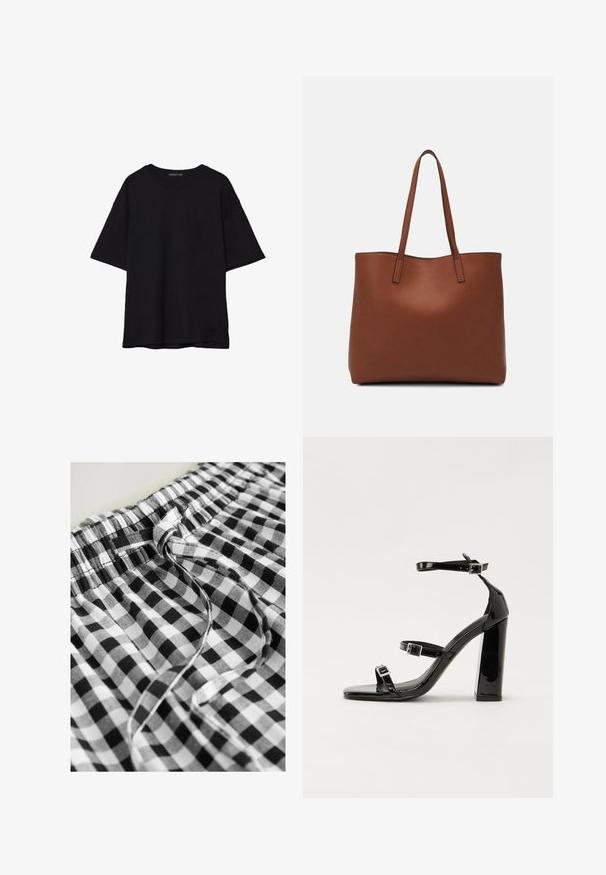 T-shirt noir en coton avec une coupe décontractée, des manches courtes, un col arrondi et une texture lisse. Pas de motifs ni d'accents visibles.; Next DROP WAIST - Jupe longue - black white gingham; Sandales à talons vernies noires avec un bout carré, des sangles autour de la cheville et des boucles en argent. Dotées d'un talon bloc épais pour plus de stabilité.; Sac fourre-tout en cuir marron avec une texture lisse, design à ouverture supérieure et deux poignées pour le porter à l'épaule. Présente des coutures minimales et aucun matériel visible.