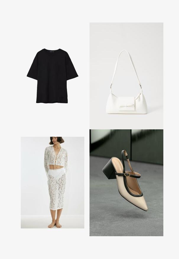 Čierne bavlnené tričko s voľným strihom, krátkymi rukávmi, zaobleným výstrihom a hladkou textúrou. Bez viditeľných vzorov alebo akcentov.; NA-KD Puzdrová sukňa - cream; Béžová lodička so špicatou špičkou, s čiernym lemom, zlatou prackou a robustným blokovým podpätkom na šedom podlahe s tmavozeleným pozadím.; Biela syntetická kabelka s trojuholníkovým tvarom, plochým predným klapkou a detailom mašle, nastaviteľným popruhom, hladkou textúrou a minimalistickým dizajnom.