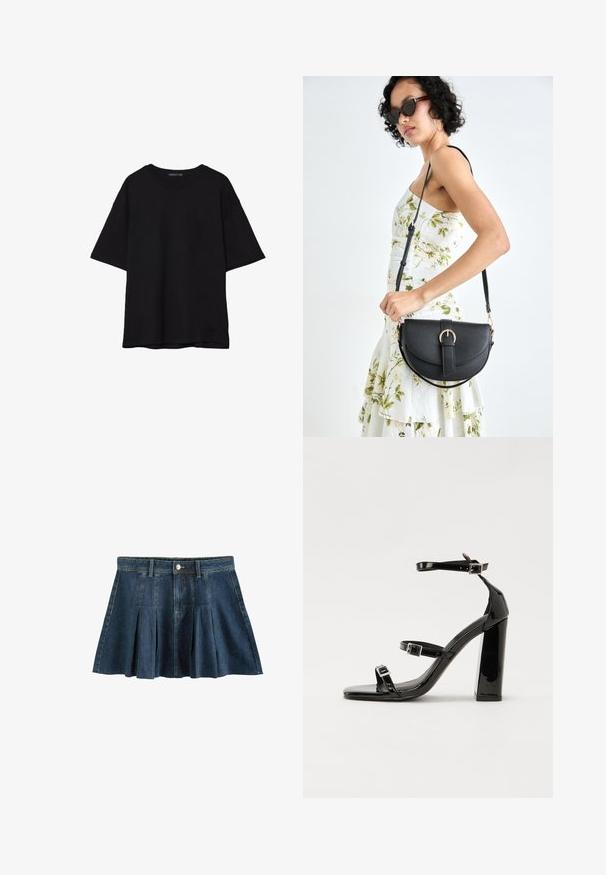 Černé bavlněné tričko s volným střihem, krátkými rukávy, zaobleným výstřihem a hladkou texturou. Bez viditelných vzorů nebo akcentů.; Next REGULAR FIT - Minisukně - dark blue; Černé lakované sandály na podpatku se čtveratou špičkou, lýtkovými pásky a stříbrnými přezkami. Disponují masivním blokovým podpatkem pro stabilitu.; Černá kožená kabelka s křivkovým tvarem, odnímatelným popruhem a zlatými detaily. Kabelka má klopu s přezkou.