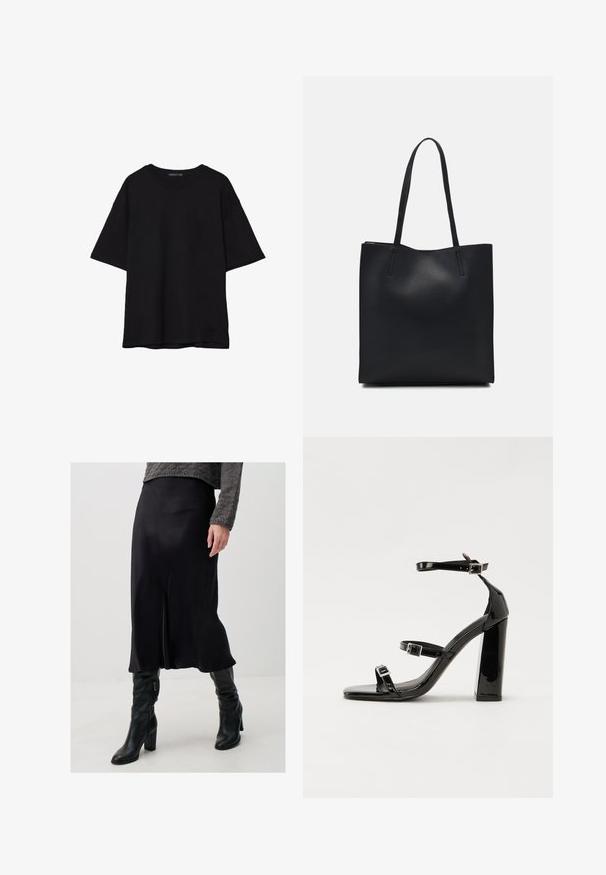 Czarna bawełniana koszulka z luźnym krojem, krótkimi rękawami, okrągłym dekoltem i gładką fakturą. Bez widocznych wzorów ani akcentów.; Jimmy Key - Spódnica ołówkowa; Czarne lakierowane sandały na obcasie z kwadratowym noskiem, z paskami wokół kostki i srebrnymi klamrami. Posiadają masywny słupek dla stabilności.; Czarna skórzana torba tote o gładkiej fakturze, prostokątnym kształcie i dwóch długich uchwytach. Brak widocznych elementów metalowych i ozdób.