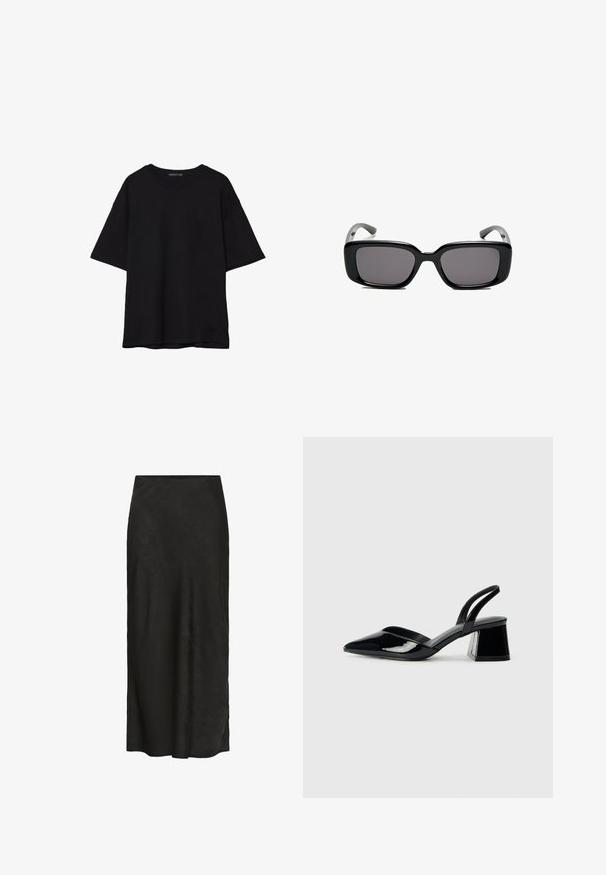 T-shirt in cotone nero con vestibilità rilassata, maniche corte, scollatura arrotondata e una texture liscia. Nessuna trama o accento visibile.; Gonna nera lunga fino al pavimento realizzata in tessuto texture. Presenta una vita liscia, un leggero drappeggio e un design minimale senza dettagli aggiuntivi.; Décolleté in vernice nera con punta affusolata e tacco in geometria cubica. Presentano un design elegante e minimalista, con una texture liscia.; Occhiali da sole neri rettangolari con lenti scure, montatura in plastica liscia e tempie curve. Il design è voluminoso con un'estetica minimalista.