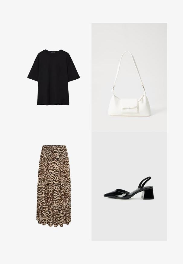 Czarna bawełniana koszulka z luźnym krojem, krótkimi rękawami, okrągłym dekoltem i gładką fakturą. Bez widocznych wzorów ani akcentów.; Maxi spódnica w leopardzi wzór z elastycznym paskiem w talii i warstwowym, falbaniastym dołem, w odcieniach beżu, brązu i czerni, uszyta z miękkiego materiału.; Czarne lakierowane półbuty na obcasie z wydłużonym noskiem i geometrycznym słupkiem. Charakteryzują się eleganckim, minimalistycznym designem oraz gładką fakturą.; Biała syntetyczna torba o trójkątnym kształcie, płaskim przednim klapce i detalach w postaci kokardy, regulowanym pasku, gładkiej fakturze oraz minimalistycznym designie.