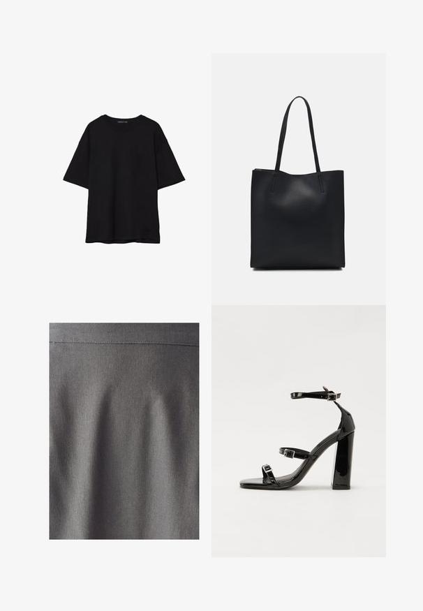Čierne bavlnené tričko s voľným strihom, krátkymi rukávmi, zaobleným výstrihom a hladkou textúrou. Bez viditeľných vzorov alebo akcentov.; Sivá tkanina s hladkou a rovnomernou textúrou. Jemný lesk zvýrazňuje čisté línie a záhyby, čo naznačuje štruktúrovaný dizajn. Žiadne viditeľné vzory ani potlače.; Čierne lakované sandále na podpätku so štvorcovou špičkou, navlečenými remienkami okolo členku a striebornými prackami. Disponujú masívnym blokovým podpätkom pre stabilitu.; Čierna kožená taška na rameno s hladkým povrchom, obdĺžnikovým tvarom a dvoma dlhými uchami. Bez viditeľného kovania alebo ozdôb.