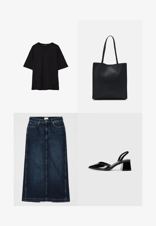 Čierne bavlnené tričko s voľným strihom, krátkymi rukávmi, zaobleným výstrihom a hladkou textúrou. Bez viditeľných vzorov alebo akcentov.; Tmavomodrá džínová sukňa s rovnou siluetou, dĺžky po kolená. Obsahuje predné vrecká, zapínanie na zips a jemné švy podrobne prešité.; Čierne lakované kožené sandálové podpätky s špicatou špičkou a geometrickým blokovým podpätkom. Disponujú elegantným, minimalistickým dizajnom a hladkým povrchom.; Čierna kožená taška na rameno s hladkým povrchom, obdĺžnikovým tvarom a dvoma dlhými uchami. Bez viditeľného kovania alebo ozdôb.
