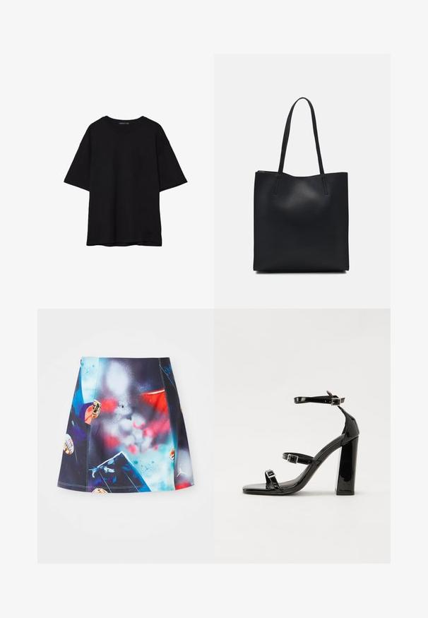 Musta puuvillainen t-paita, jossa on rento leikkaus, lyhyet hihat, pyöreä pääntie ja sileä rakenne. Ei näkyviä kuvioita tai yksityiskohtia.; Lyhyt, monivärinen urheiluhame, joka esittelee elävää roiskekuviointia korostuksilla ja logoilla. Valmistettu kevyestä, hengittävästä kankaasta.; Musta kiiltävä korkokenkä sandaalit neliönmuotoisella varpaalla, nilkkaremmillä ja hopeisilla soljilla. Varustettu tukevalla lohkokorkealla vakauden takaamiseksi.; Mustapahkainen kangaskassi, jossa on sileä pinta, suorakaiteen muotoinen ja kaksi pitkää kahvaa. Ei näkyvää metalliosaa tai koristeita.