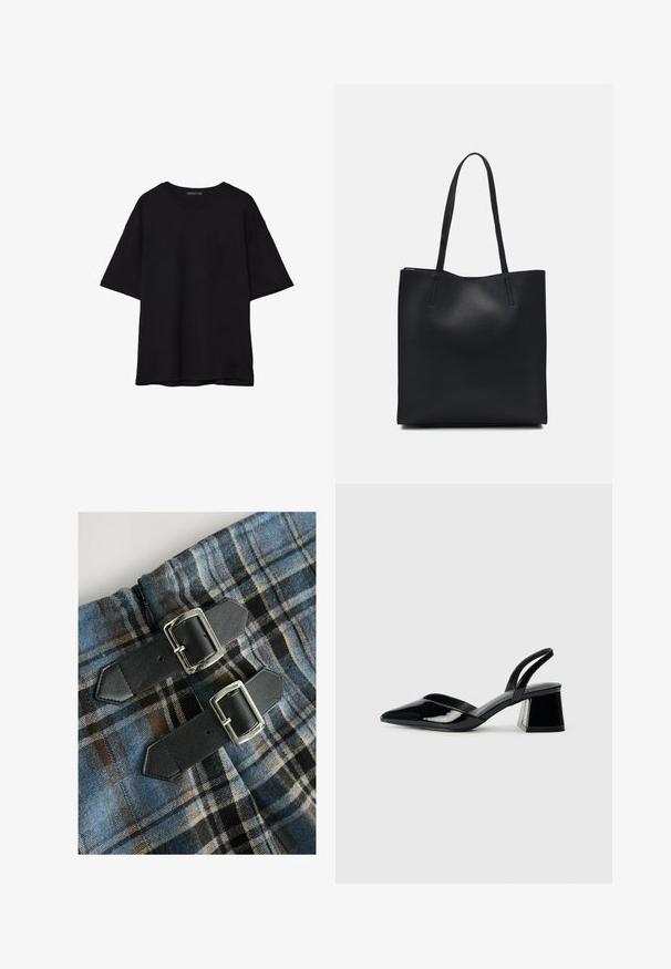 Zwarte katoenen T-shirt met een relaxed fit, korte mouwen, ronde hals en een gladde textuur. Geen zichtbare patronen of accenten.; Geruit textiel met blauwe, bruine en zwarte kleuren, voorzien van twee zwarte faux leren banden met zilveren gespen op de taille. Rits zichtbaar.; Zwarte gepatineerde leren slingback hakken met een spitse neus en een geometrische blokhak. Kenmerkt zich door een slank, minimalistisch ontwerp en een gladde textuur.; Zwarte leren handtas met een gladde textuur, rechthoekige vorm en twee lange handvaten. Geen zichtbare hardware of versieringen.