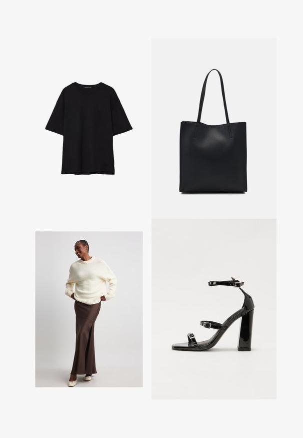 Sort bomulds T-shirt med en afslappet pasform, korte ærmer, rund halsudskæring og en glat tekstur. Ingen synlige mønstre eller accenter.; NA-KD Maxinederdele - brown; Sorte patenterede hælsandaler med firkantet tå, ankelremme og sølvspænder. Har en chunky blokHæl for stabilitet.; Sort læder tote taske med glat tekstur, rektangulær form og to lange hanke. Ingen synlig hardware eller udsmykninger.