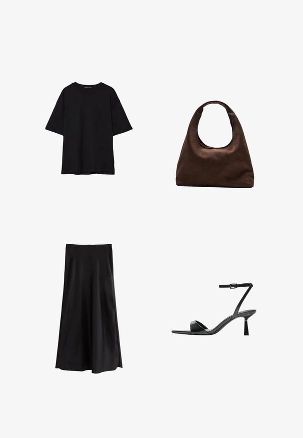 Svart bomull T-shirt med avslappnad passform, korta ärmar, rundad halsringning och en mjuk textur. Inga synliga mönster eller accenter.; Svart satinmaxikjol med en slät yta, utsvängd design och en längd som når anklarna. Har en enkel, obearbetad stil.; Bershka Sandaletter - black; Mjuk brun hobo-väskastil med ett brett axelband och en rundad öppning upptill, visad på en vit bakgrund.
