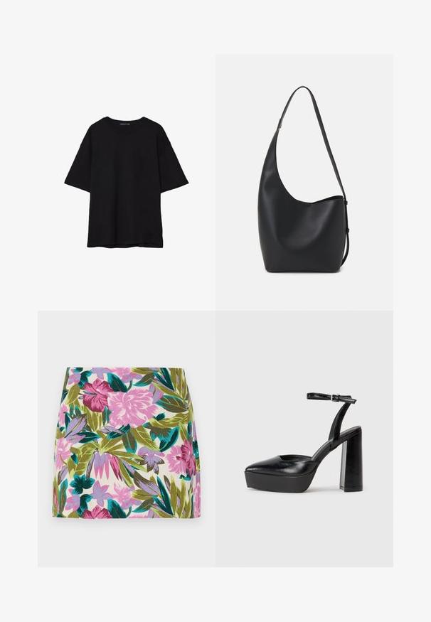Schwarzes Baumwoll-T-Shirt mit lässiger Passform, kurzen Ärmeln, runder Ausschnitt und glatter Textur. Keine sichtbaren Muster oder Akzente.; Minirock mit Blumenmuster, der leuchtend pinke und lavendelfarbene Blumen mit grünen und blauen Blättern zeigt, aus leichtem Stoff gefertigt.; Schwarze Plateau-High Heels mit spitzem Zeh und verstellbarem Knöchelriemen. Gefertigt aus glattem Leder und mit einem klobigen Blockabsatz.; Schwarze Leder-Hobo-Tasche mit einer glatten Textur, geschwungener Form und einem einzelnen verstellbaren Tragegurt; verfügt über eine weite Öffnung am oberen Ende.