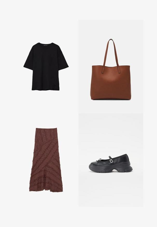 T-shirt noir en coton avec une coupe décontractée, des manches courtes, un col arrondi et une texture lisse. Pas de motifs ni d'accents visibles.; Jupe marron texturée avec un design en couches et ondulé et des motifs diagonaux, dotée d'accents froncés le long des bords et d'une silhouette évasée.; Chaussure Mary Jane en cuir noir avec un bout rond, un détail en nœud et une sangle de cheville ajustable. Elle possède une semelle en caoutchouc épaisse avec des accents arrondis.; Sac fourre-tout en cuir marron avec une texture lisse, design à ouverture supérieure et deux poignées pour le porter à l'épaule. Présente des coutures minimales et aucun matériel visible.