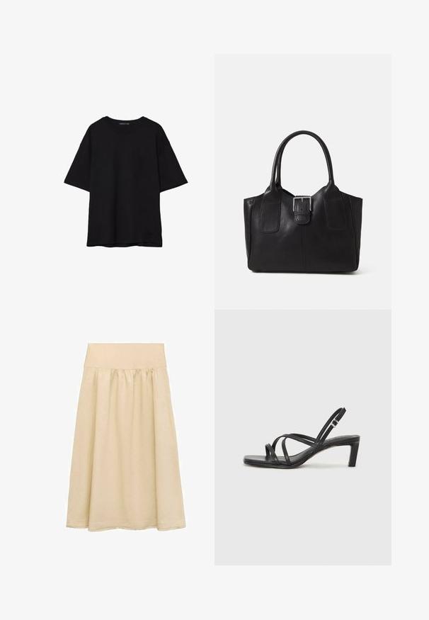 Črna bombažna majica s sproščenim krojem, kratkimi rokavi, zaobljenim izrezom in gladko teksturo. Brez vidnih vzorcev ali dodatkov.; Bež midi krilo, narejeno iz lahkotnega materiala, z elastičnim pasom, nabranim dizajnom in robom z diskretno frufru detajlom.; Črne natikače s trakovi in kvadratnim prstom ter nizkim blokastim peto. Imajo več tankih trakov in nastavljiv trak okoli gležnja. Narejene so iz gladkega usnja.; Črna usnjena torba s gladko teksturo, strukturirano obliko, dvema ročkama in izrazitim srebrnim sponko na sprednji strani.