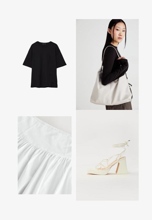 T-shirt noir en coton avec une coupe décontractée, des manches courtes, un col arrondi et une texture lisse. Pas de motifs ni d'accents visibles.; Jupe blanche avec un haut ajusté et une texture plissée. Fait en tissu léger, avec des coutures subtiles et un drapé doux et fluide.; Sandale blanche à talons hauts avec un talon épais, présentant un design à lanières et un lien autour de la cheville. Texture lisse avec une plateforme à l'avant pour une hauteur supplémentaire.; Sac à main beige en matériau souple, avec un design décontracté, des détails cousus et deux poignées. Idéal pour un usage quotidien.