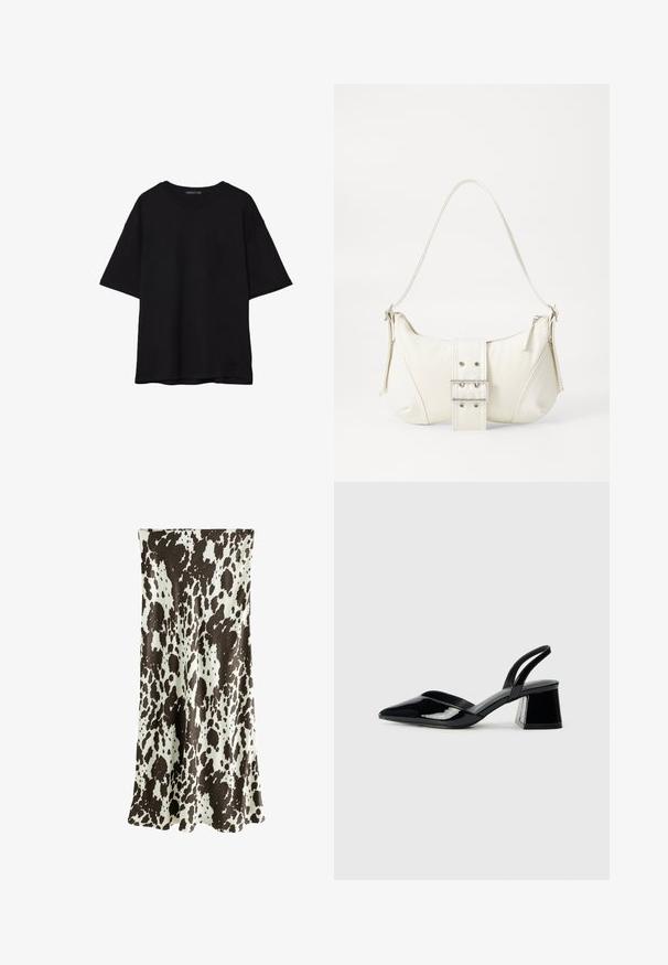 Čierne bavlnené tričko s voľným strihom, krátkymi rukávmi, zaobleným výstrihom a hladkou textúrou. Bez viditeľných vzorov alebo akcentov.; Dlhá sukňa vyrobená z hladkej tkaniny s hnedo-bielym vzorom kravskej srsti, s voľným strihom a mierne rozšíreným lemom.; Čierne lakované kožené sandálové podpätky s špicatou špičkou a geometrickým blokovým podpätkom. Disponujú elegantným, minimalistickým dizajnom a hladkým povrchom.; Biela taška cez rameno s textúrovaným povrchom, centrálnou prackou a zakriveným tvarom. Zipsy na oboch stranách.
