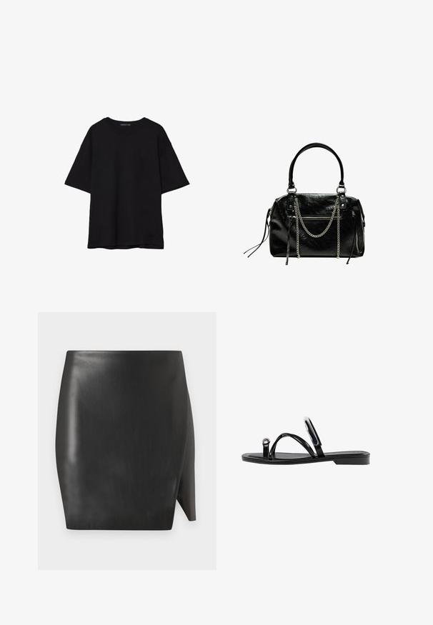 Crna pamučna majica s opuštenim krojem, kratkim rukavima, okruglim izrezom i glatkom teksturom. Nema vidljivih uzoraka ili detalja.; Crna kožna mini suknja s glatkom teksturom, u ravnom siluetu i asimetričnom rubu s jedne strane.; Crne ravne sandale s sjajnom završnom obradom, tri tanke trake i kružna metalna detalj na prstu. Elegantni dizajn s minimalnim potplatom.; Bershka WITH CHAIN - Ručna torba - black
