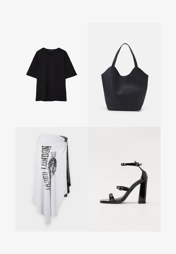 T-shirt noir en coton avec une coupe décontractée, des manches courtes, un col arrondi et une texture lisse. Pas de motifs ni d'accents visibles.; Jaded London WRAP SKIRT - Jupe portefeuille - multi coloured; Sandales à talons vernies noires avec un bout carré, des sangles autour de la cheville et des boucles en argent. Dotées d'un talon bloc épais pour plus de stabilité.; Sac fourre-tout noir en cuir lisse, doté d'un haut ouvert et courbé avec deux brides d'épaule et un design minimaliste.