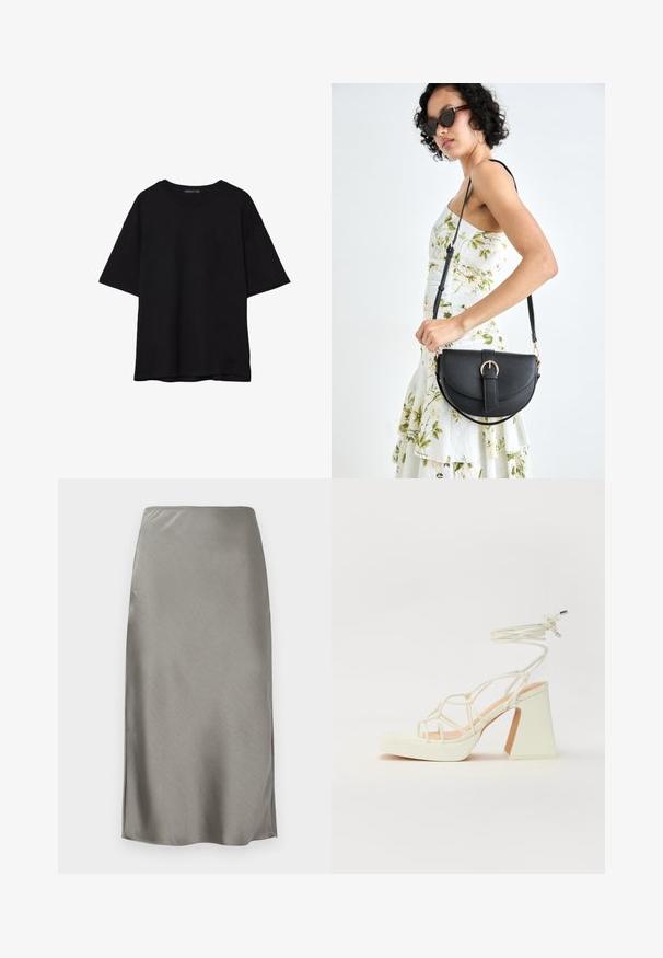 Černé bavlněné tričko s volným střihem, krátkými rukávy, zaobleným výstřihem a hladkou texturou. Bez viditelných vzorů nebo akcentů.; Šedá saténová midi sukně s elegantní, hladkou texturou. Jemné boční rozparky zvyšují pohyb. Minimalistický design, upnutý pas a rovný silueta.; Bílé sandály na vysokém podpatku s robustním podpatkem, s designem s pásky a zavazováním kolem kotníku. Hladký povrch s platformou vpředu pro zvýšení výšky.; Černá kožená kabelka s křivkovým tvarem, odnímatelným popruhem a zlatými detaily. Kabelka má klopu s přezkou.