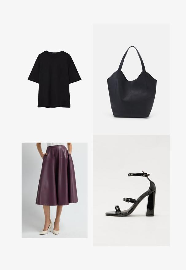 Czarna bawełniana koszulka z luźnym krojem, krótkimi rękawami, okrągłym dekoltem i gładką fakturą. Bez widocznych wzorów ani akcentów.; Kobieta w ciemnofioletowej skórzanej spódnicy o długości do kolan z kieszeniami i białych, szpiczastych szpilkach, stojąca na jednolitym tle.; Czarne lakierowane sandały na obcasie z kwadratowym noskiem, z paskami wokół kostki i srebrnymi klamrami. Posiadają masywny słupek dla stabilności.; Czarna torba na ramię wykonana z gładkiej skóry, z zaokrąglonym, otwartym topem i dwoma paskami na ramię oraz minimalistycznym designem.