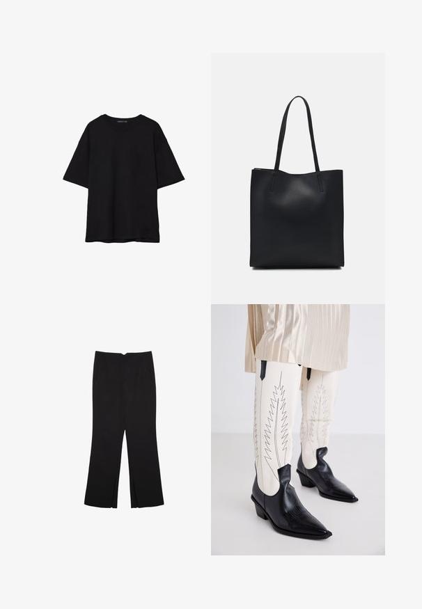 T-shirt noir en coton avec une coupe décontractée, des manches courtes, un col arrondi et une texture lisse. Pas de motifs ni d'accents visibles.; Pantalon noir avec une coupe droite, doté de poches avant et d'éclairs sur l'ourlet. Fabriqué en tissu doux et lisse. Convient à diverses occasions.; Des bottes de cowboy noires avec une finition texturée, des pointes pointues et de petits talons, associées à un pantalon blanc ajusté avec des coutures noires en zigzag.; Sac fourre-tout en cuir noir avec une texture lisse, de forme rectangulaire et deux longues poignées. Pas de matériel ou d'ornementations visibles.
