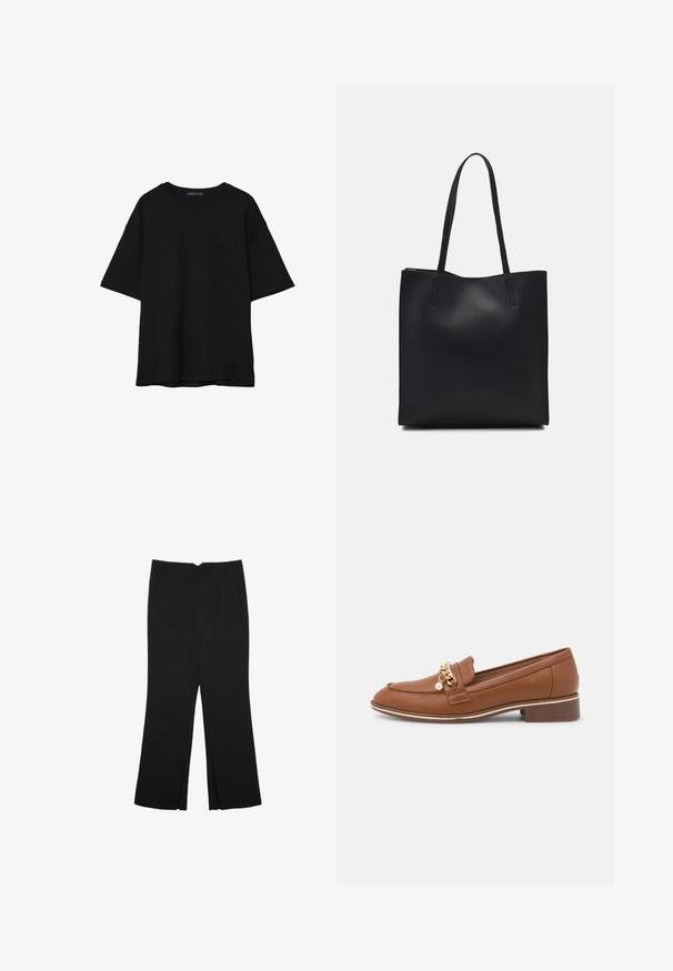 Sort bomulds T-shirt med en afslappet pasform, korte ærmer, rund halsudskæring og en glat tekstur. Ingen synlige mønstre eller accenter.; Sorte bukser med lige pasform, der har frontlommer og slidser i kanten. Lavet af blødt, glat stof. Velegnet til forskellige anledninger.; Brune læder loafers med en guld kædeaccent og perledetail. Har en rund tå og en lav blokhæl. Glat tekstur og elegant design.; Sort læder tote taske med glat tekstur, rektangulær form og to lange hanke. Ingen synlig hardware eller udsmykninger.