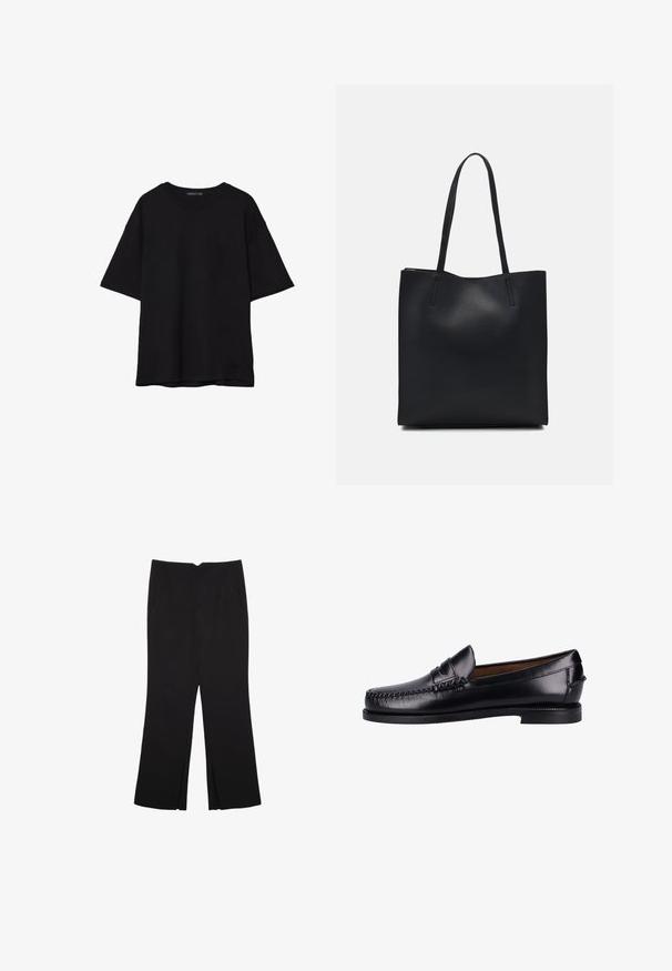Čierne bavlnené tričko s voľným strihom, krátkymi rukávmi, zaobleným výstrihom a hladkou textúrou. Bez viditeľných vzorov alebo akcentov.; Čierne nohavice so strihom rovného strihu, s prednými vreckami a bočnými rozparkami na leme. Vyrobené z mäkkej, hladkej tkaniny. Vhodné na rôzne príležitosti.; Čierne kožené mokasíny s hladkým povrchom, okrúhlou špičkou, dekoratívnym prešívaním a nízkym podpätkom. Dizajn je minimalistický bez viditeľného kovania.; Čierna kožená taška na rameno s hladkým povrchom, obdĺžnikovým tvarom a dvoma dlhými uchami. Bez viditeľného kovania alebo ozdôb.