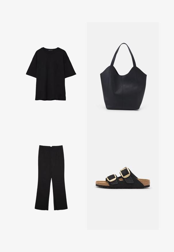 Černé bavlněné tričko s volným střihem, krátkými rukávy, zaobleným výstřihem a hladkou texturou. Bez viditelných vzorů nebo akcentů.; Černé kalhoty s rovným střihem, s předními kapsami a bočními rozparky na lemu. Vyrobené z jemné, hladké tkaniny. Vhodné na různé příležitosti.; Černé semišové sandály na klínku s dvěma širokými popruhy, z nichž každý má velkou zlatou sponu, a přirozenou korekouvou stélku s texturovanou gumovou podrážkou.; Černá taška přes rameno vyrobená z hladké kůže, s zakřiveným, otevřeným vrchem a dvěma ramenními popruhy, s minimalistickým designem.