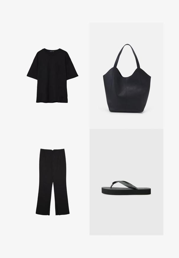 Musta puuvillainen t-paita, jossa on rento leikkaus, lyhyet hihat, pyöreä pääntie ja sileä rakenne. Ei näkyviä kuvioita tai yksityiskohtia.; Mustat housut suoralinjaisella leikkauksella, joissa on etutaskut ja sivurei'ät helman alla. Valmistettu pehmeästä ja sileästä kankaasta. Sopii eri tilaisuuksiin.; Mustat flip-flopit, joissa on litteä kumipohja ja ohut hihnasuunnittelu. Ylähihna on hieman kaareva, mikä antaa minimalistisen ulkonäön.; Mustat kangaskassit, jotka on valmistettu sileästä nahasta, jossa on kaareva, avoin yläosa, kaksi olkahihnaa ja minimalistinen muotoilu.